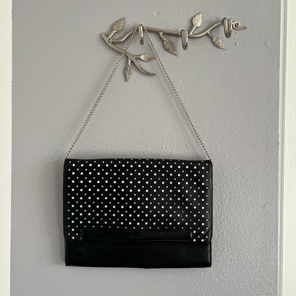 Kensie Foldover Perforated Chain Purse Black